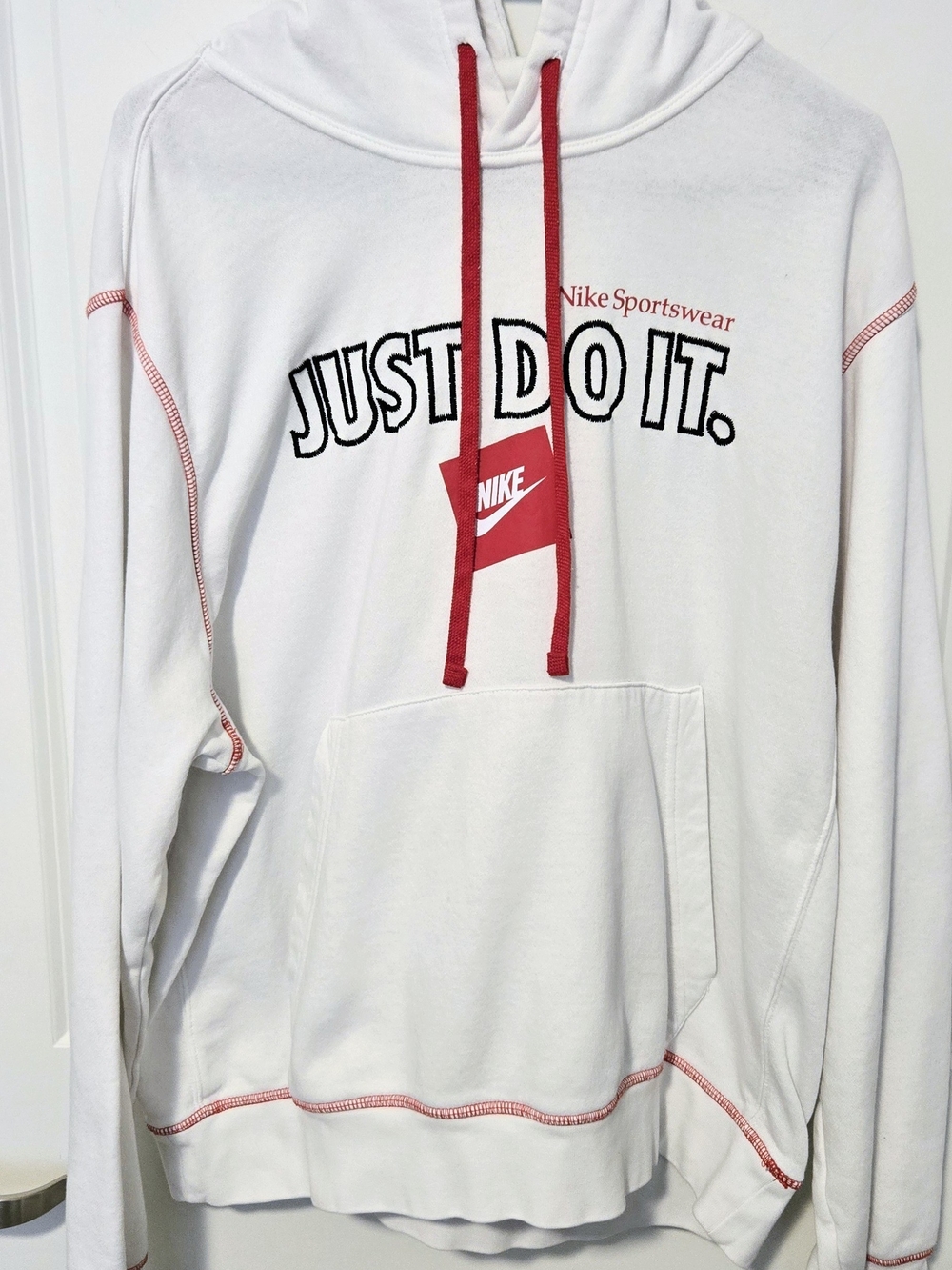 Nike White "Just Do It." Hoodie with Red Accents Mens Large